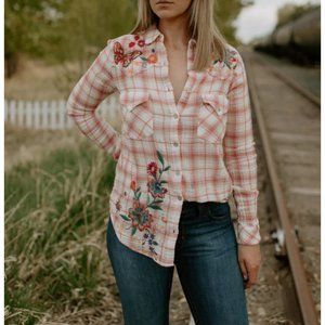 Johnny Was Pink Plaid Button Down Shirt with Floral Embroidery